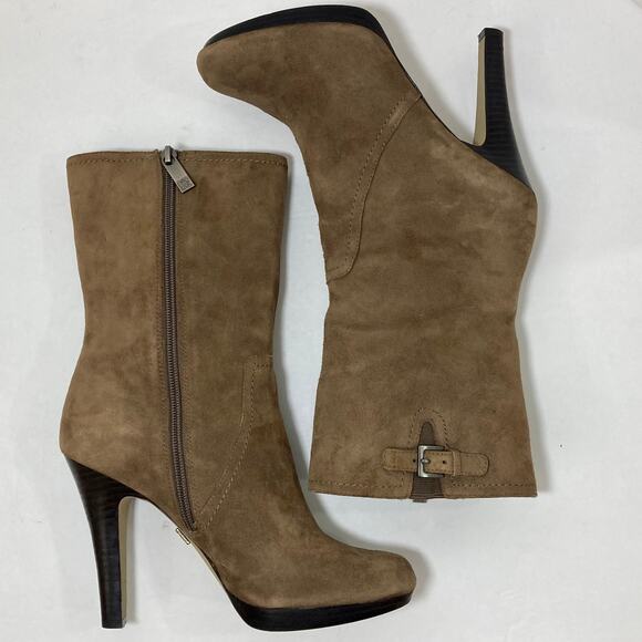 Brown suede mid calf boots, Anne Klein womens 7.5 brown hi heel platform bootie - Picture 2 of 14